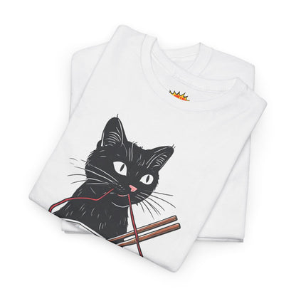 Black Cat w/Noodles + Yarn Ball Art Drawing Tee Shirt