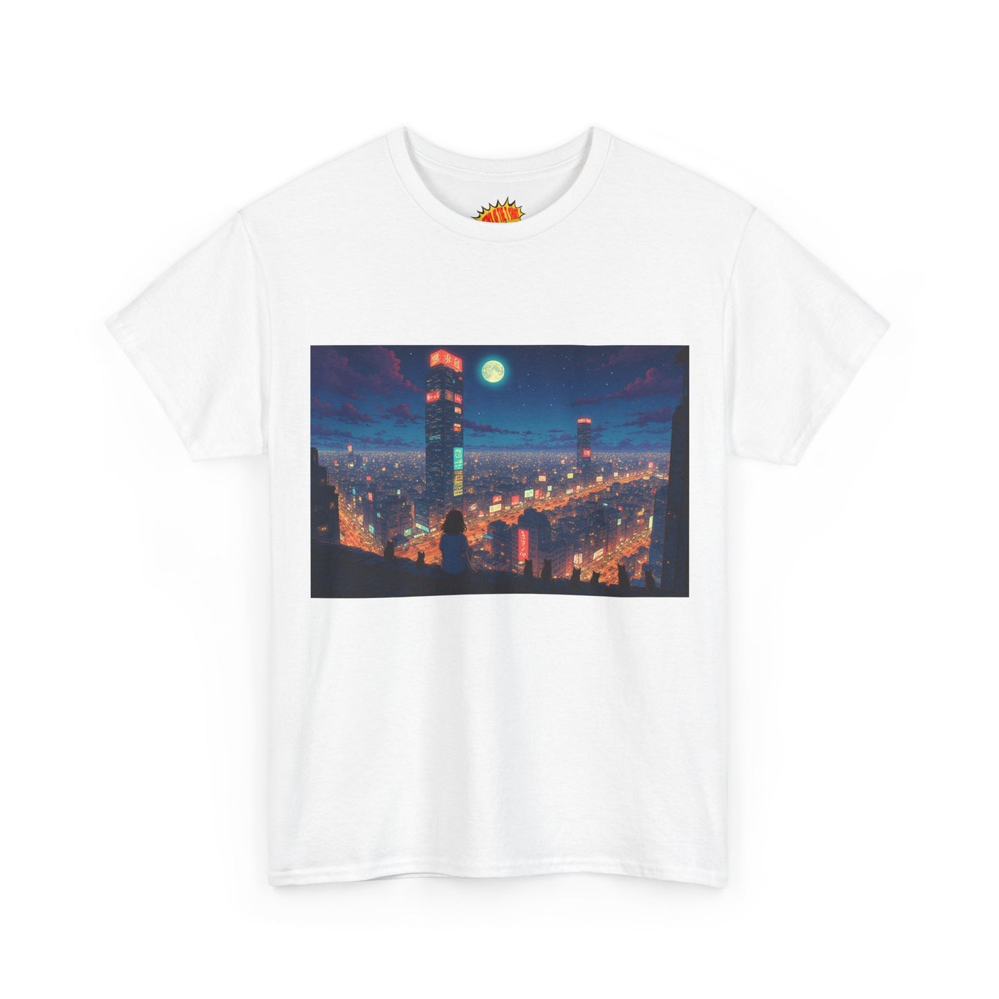 Neon Anime Style City Scene w/Girl & Cats T-Shirt *Multiple Colors*