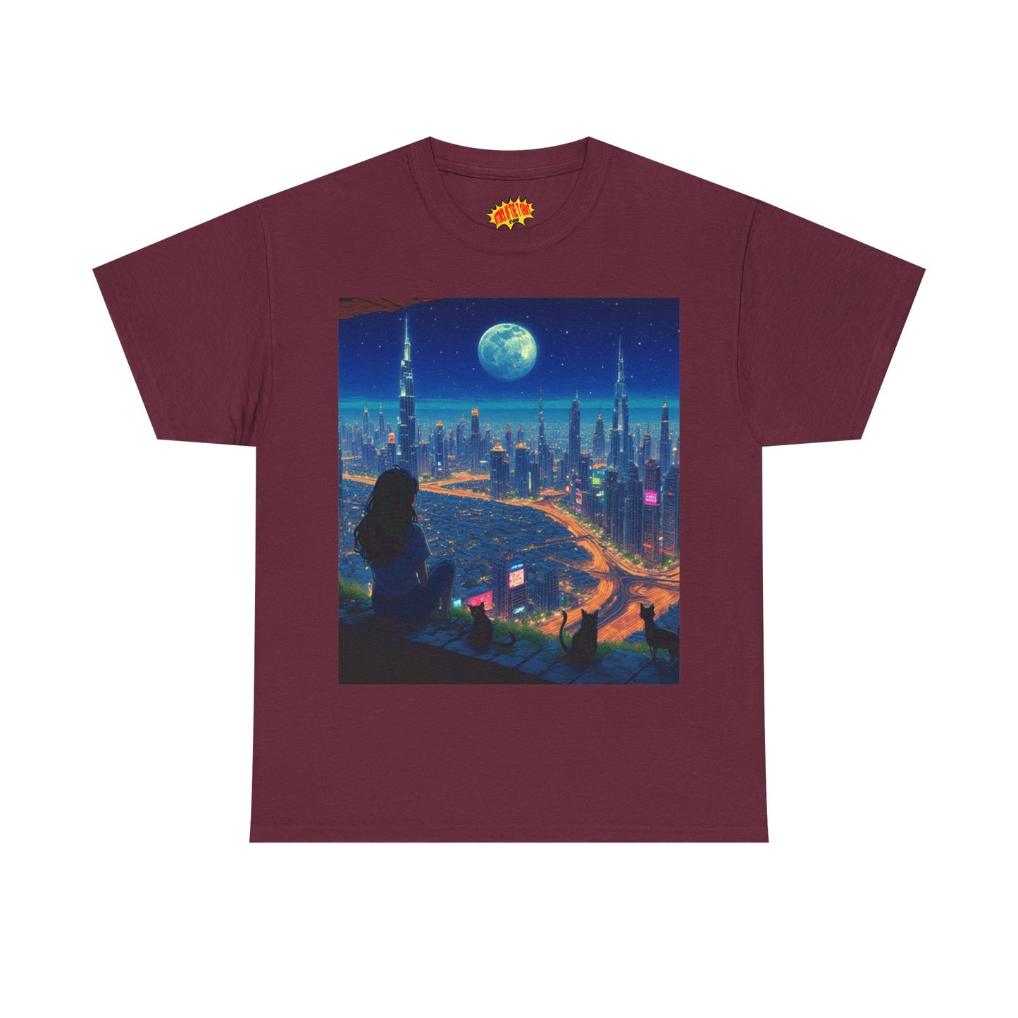 Anime City Full Moon Scene w/Girl & Cats T-Shirt *Multiple Colors*