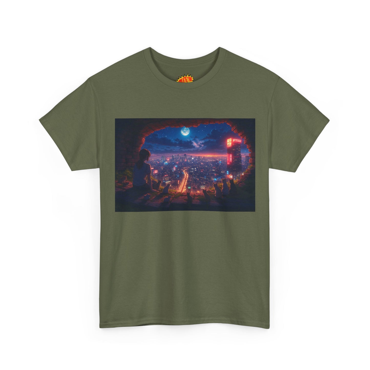 Anime Neon Cityscape Nighttime Scene w/Girl & Cats T-Shirt *Multiple Colors*