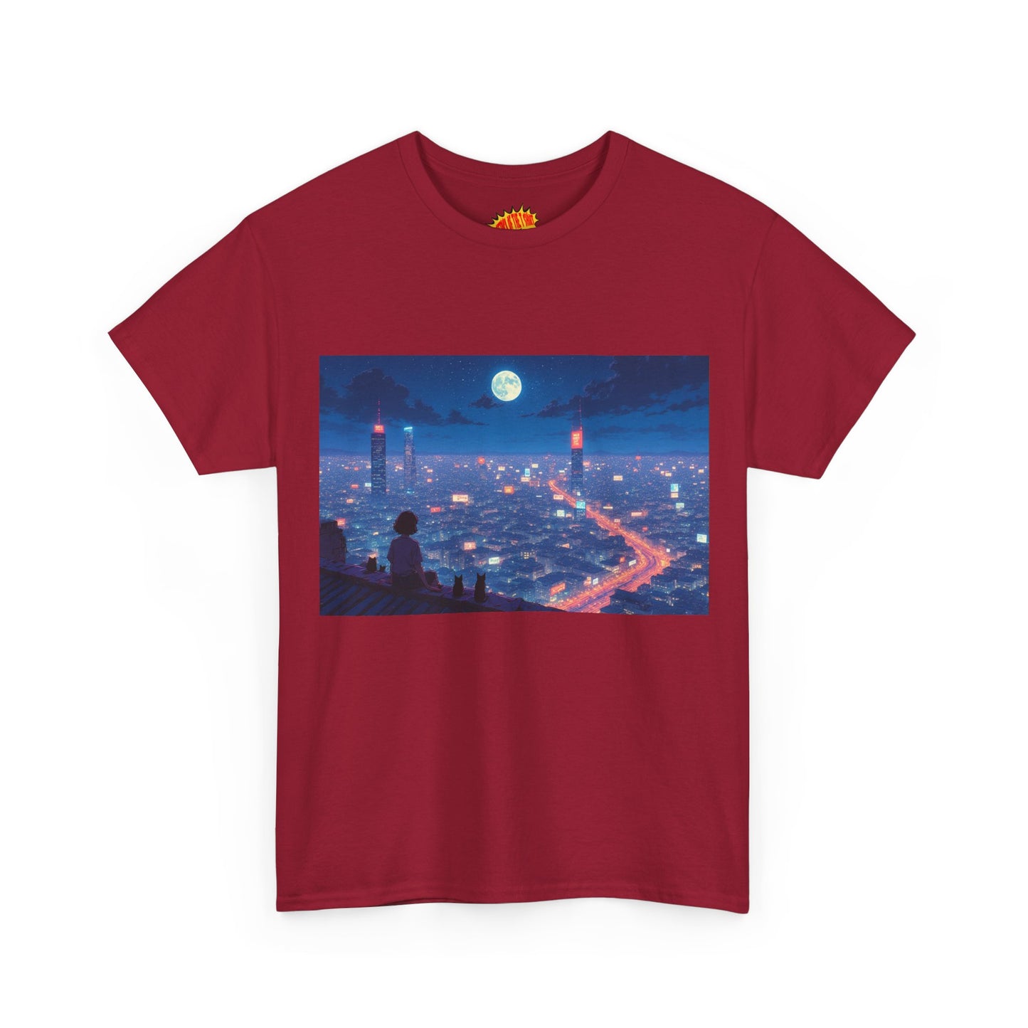 Anime Neon City Full Moon Scene w/Girl & Cats T-Shirt *Multiple Colors*