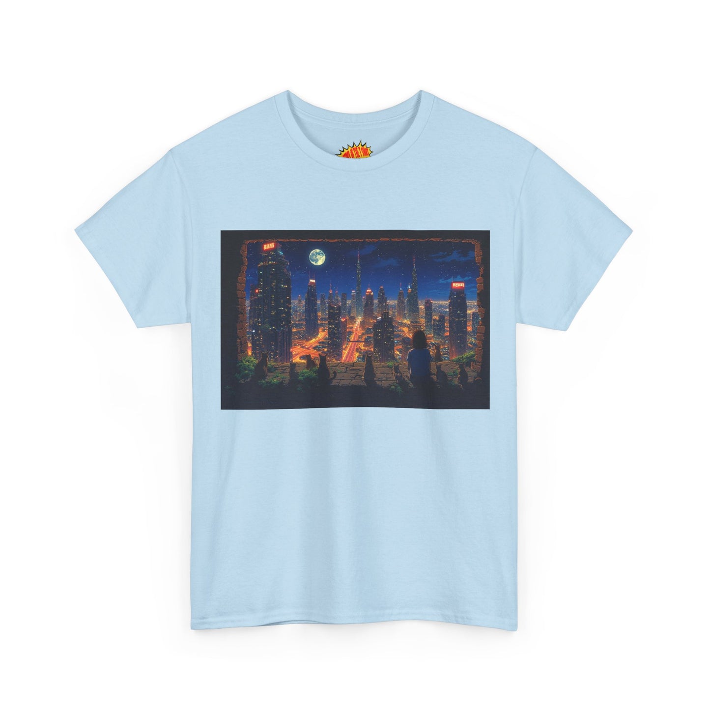 Neon Anime Cityscape Full Moon w/Girl & Cats T-Shirt *Multiple Colors*