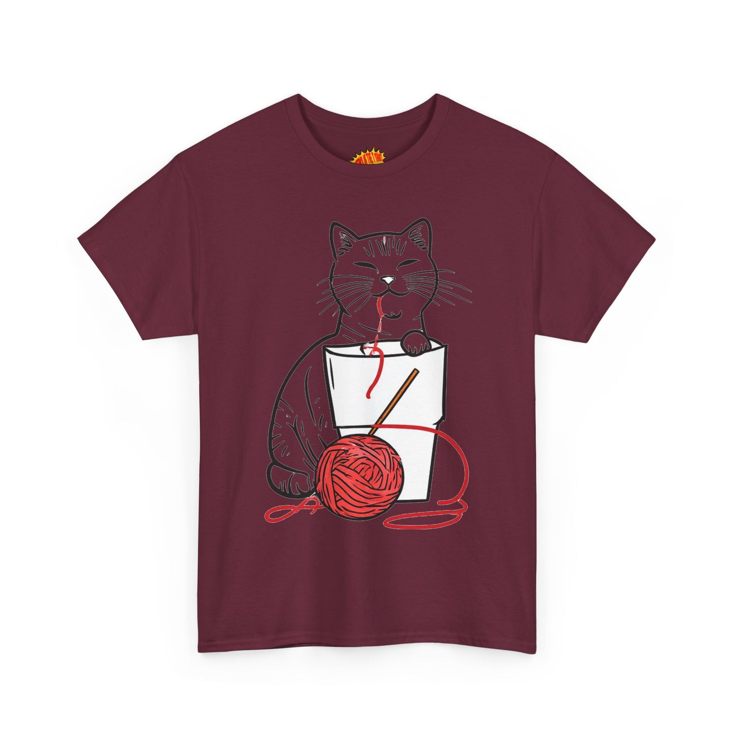 Cat w/Noodle Cup + Yarn Ball Art Drawing Tee Shirt *Multiple Colors*