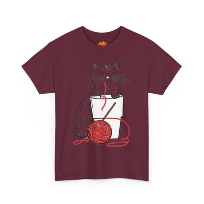 Cat w/Noodle Cup + Yarn Ball Art Drawing Tee Shirt