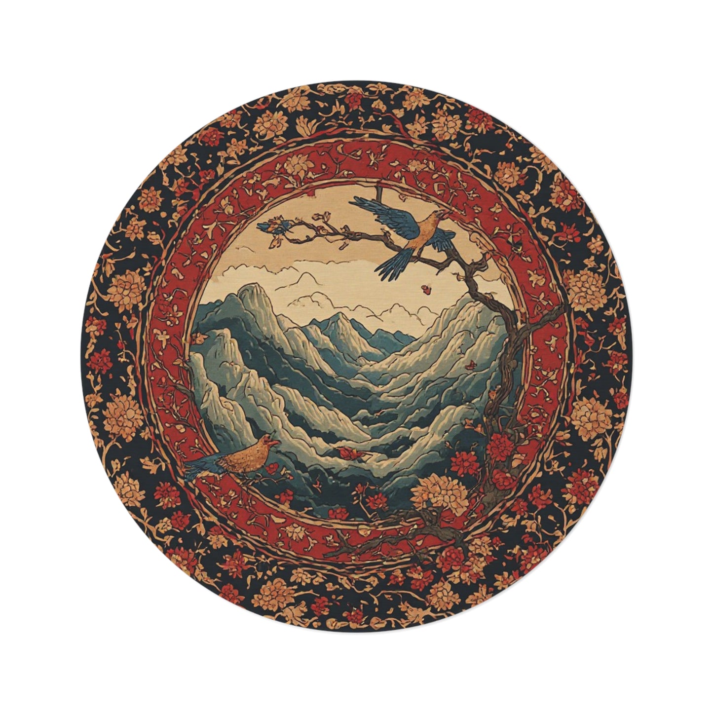Oriental Style Rug w/Birds + Flowers - 60in Diameter Round Carpet 6