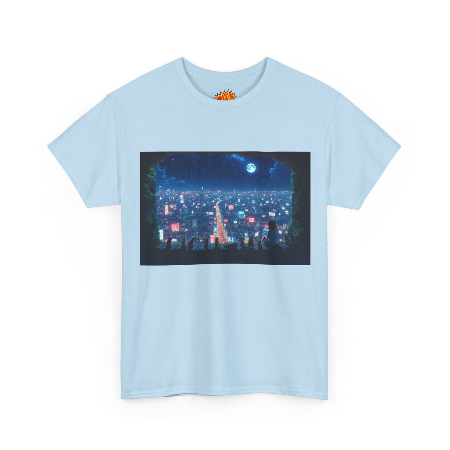 Anime City Neon Night Scene w/Girl & Cats T-Shirt *Multiple Colors*