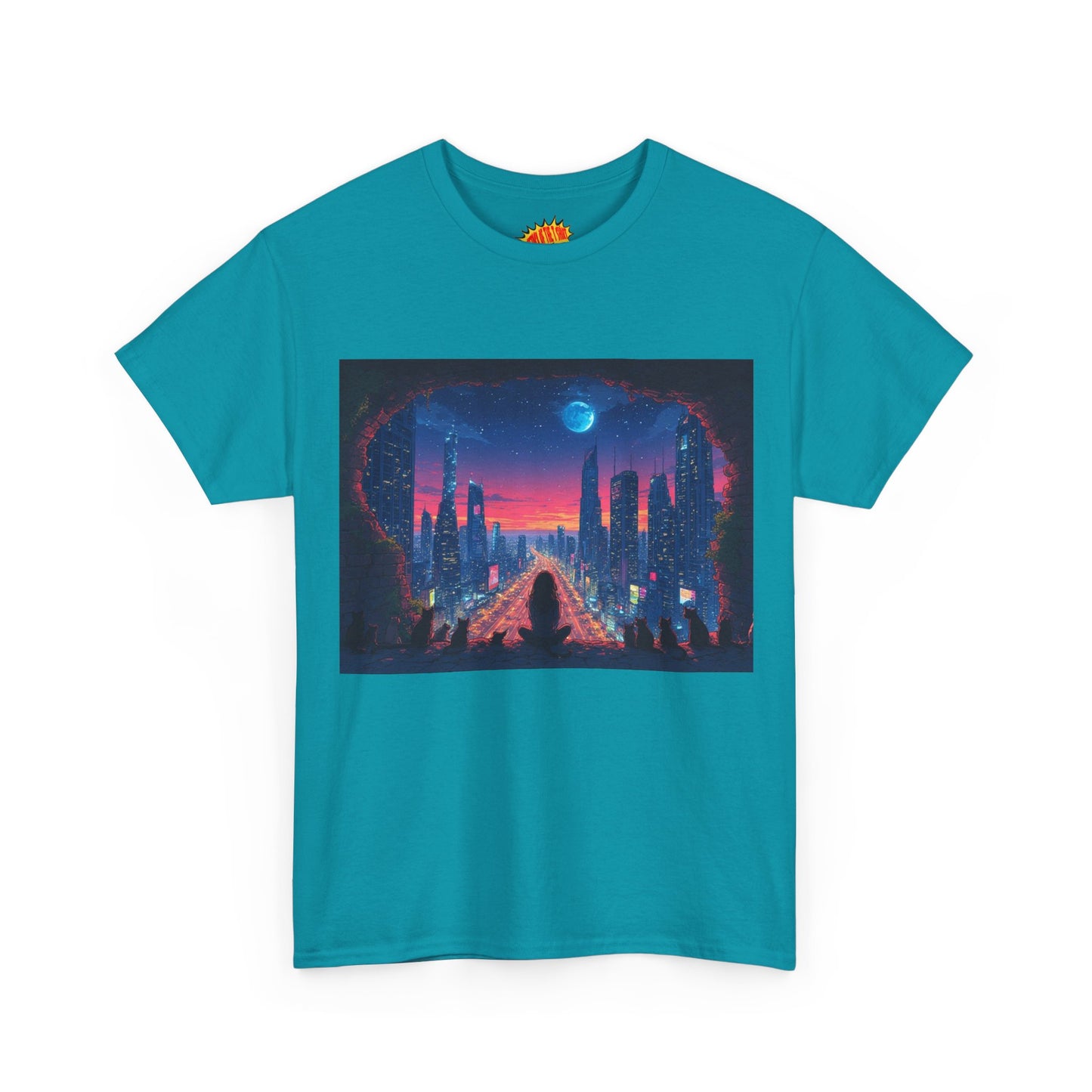 Anime Neon Cityscape Full Moon w/Girl & Cats T-Shirt *Multiple Colors*