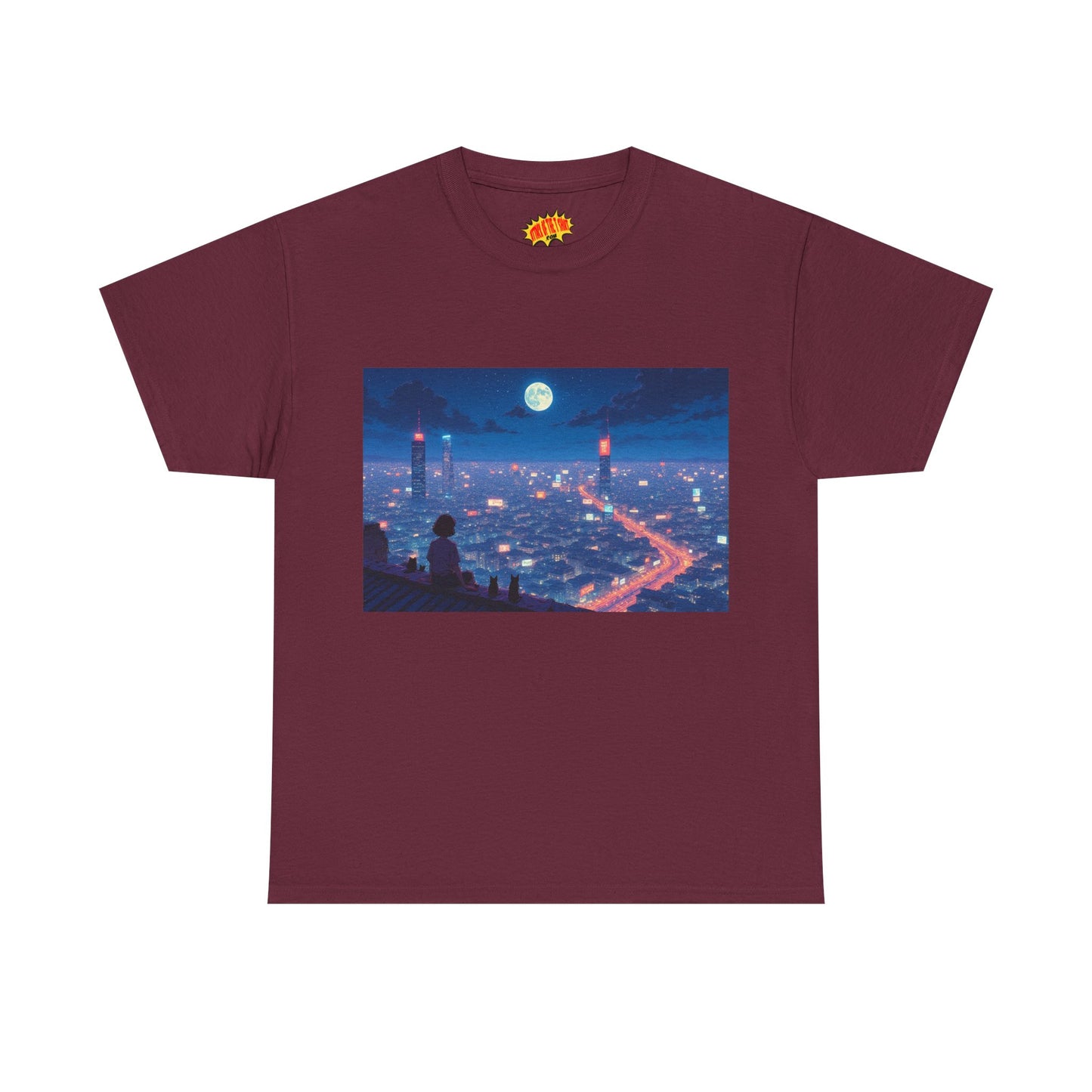 Anime Neon City Full Moon Scene w/Girl & Cats T-Shirt *Multiple Colors*