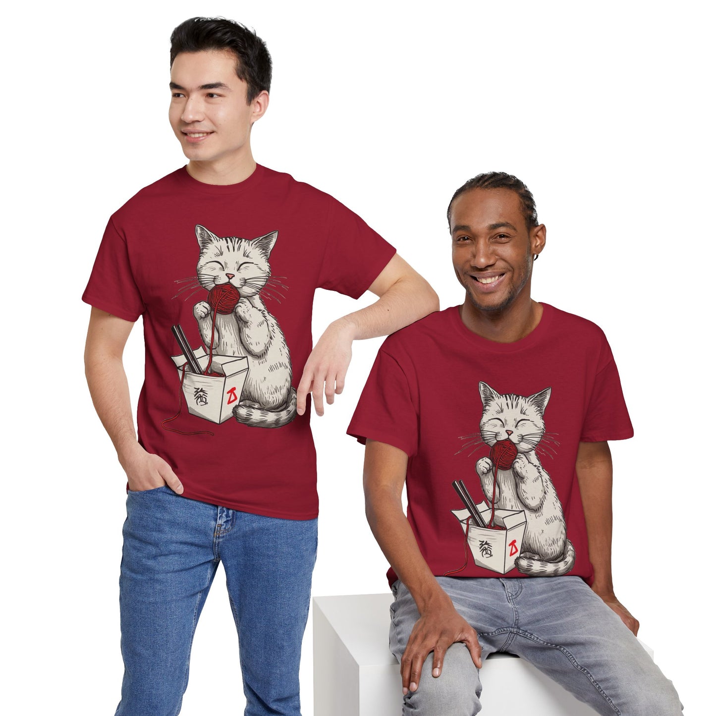 Cat w/Takeout Yarn Noodles Art Tee Shirt *Multiple Colors*