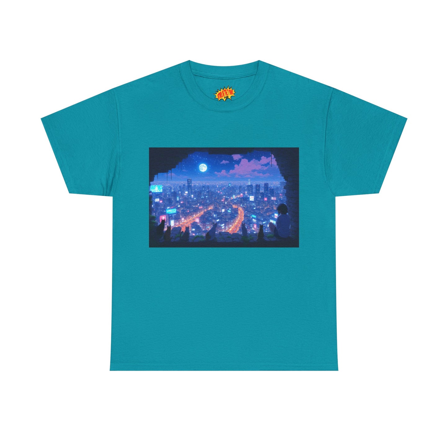 Anime Neon Cityscape Night Scene w/Girl & Cats T-Shirt *Multiple Colors*