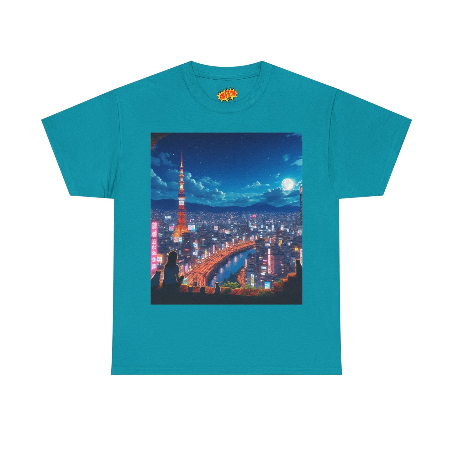 Neon Cityscape Nighttime Anime Scene w/Girl & Cats T-Shirt *Multiple Colors*