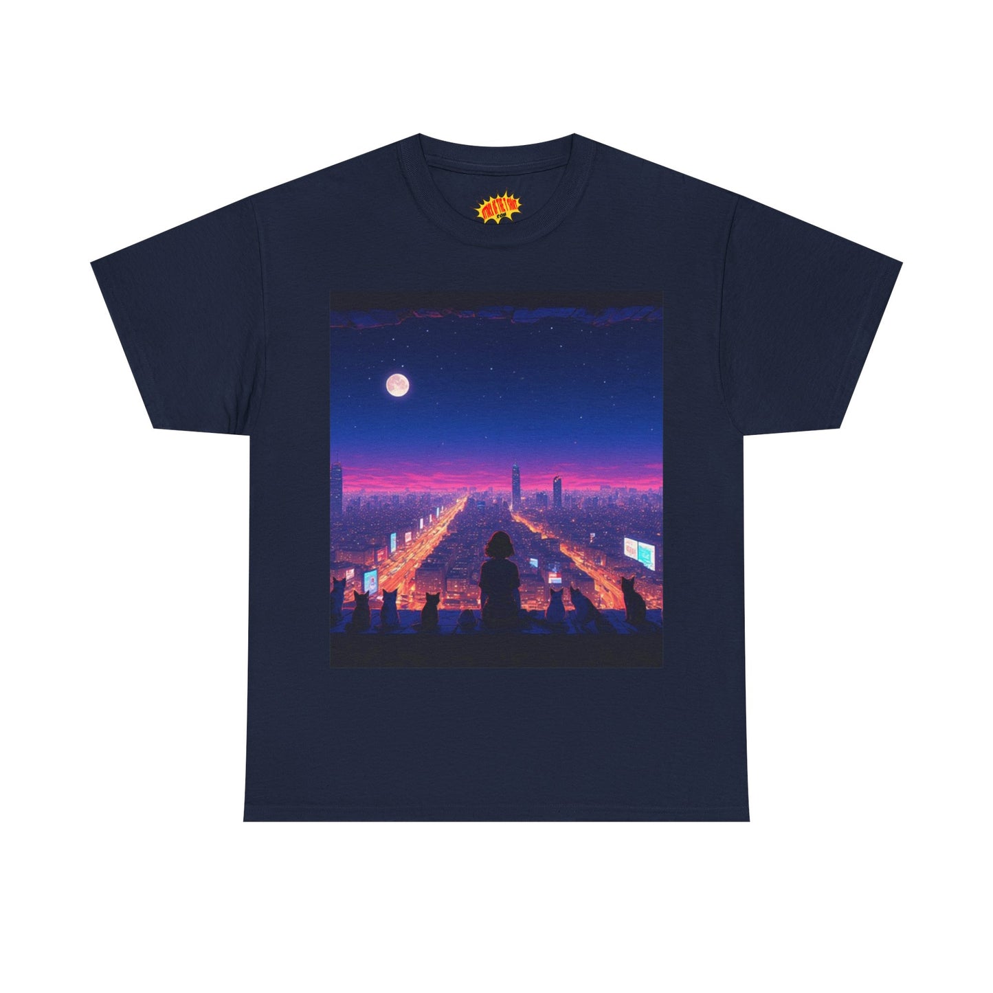 Anime City Full Moon Scene w/Girl & Cats T-Shirt *Multiple Colors*