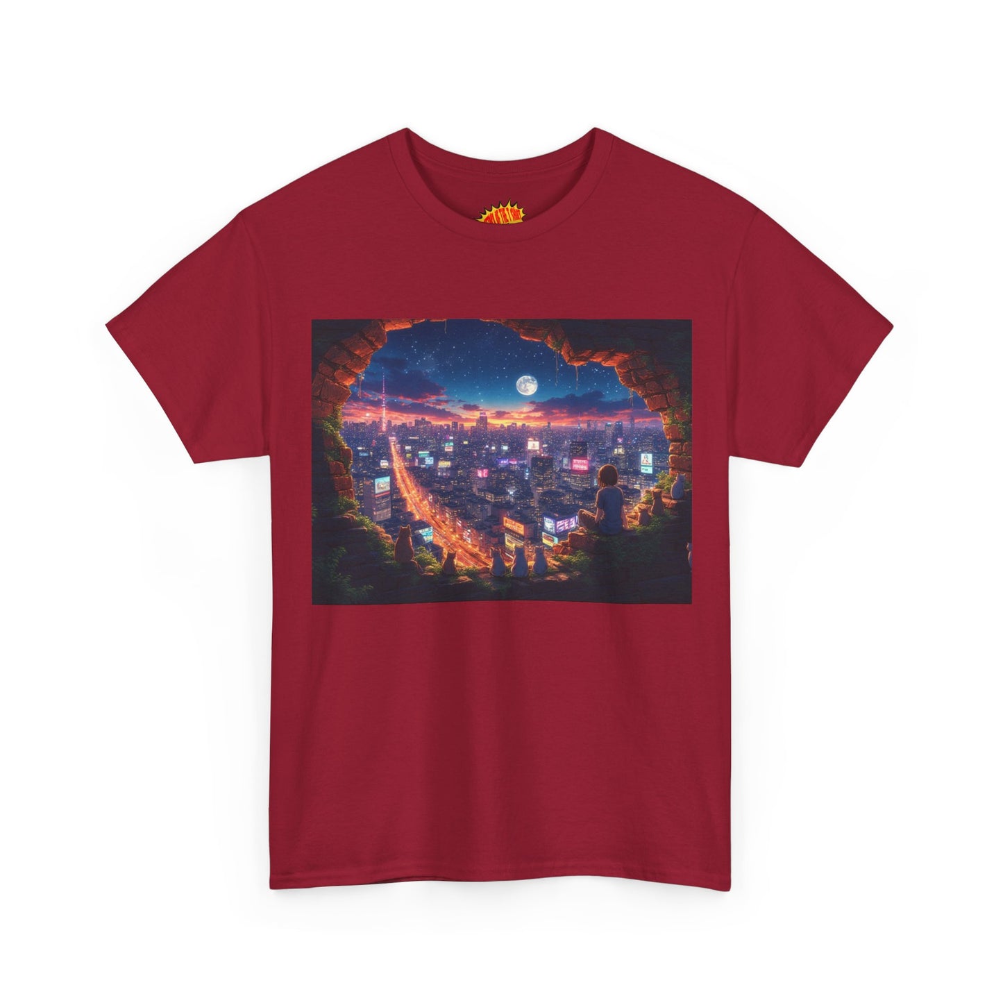 Anime Neon City Nighttime Scene w/Girl & Cats T-Shirt *Multiple Colors*
