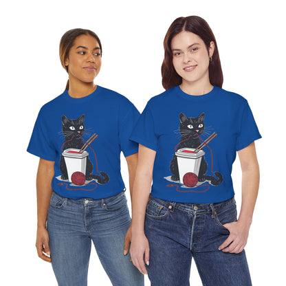 Black Cat w/Noodles + Yarn Ball Art Drawing Tee Shirt