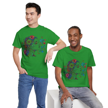 Multicolor Line Drawing Human Graphic Flower Art Tee Shirt