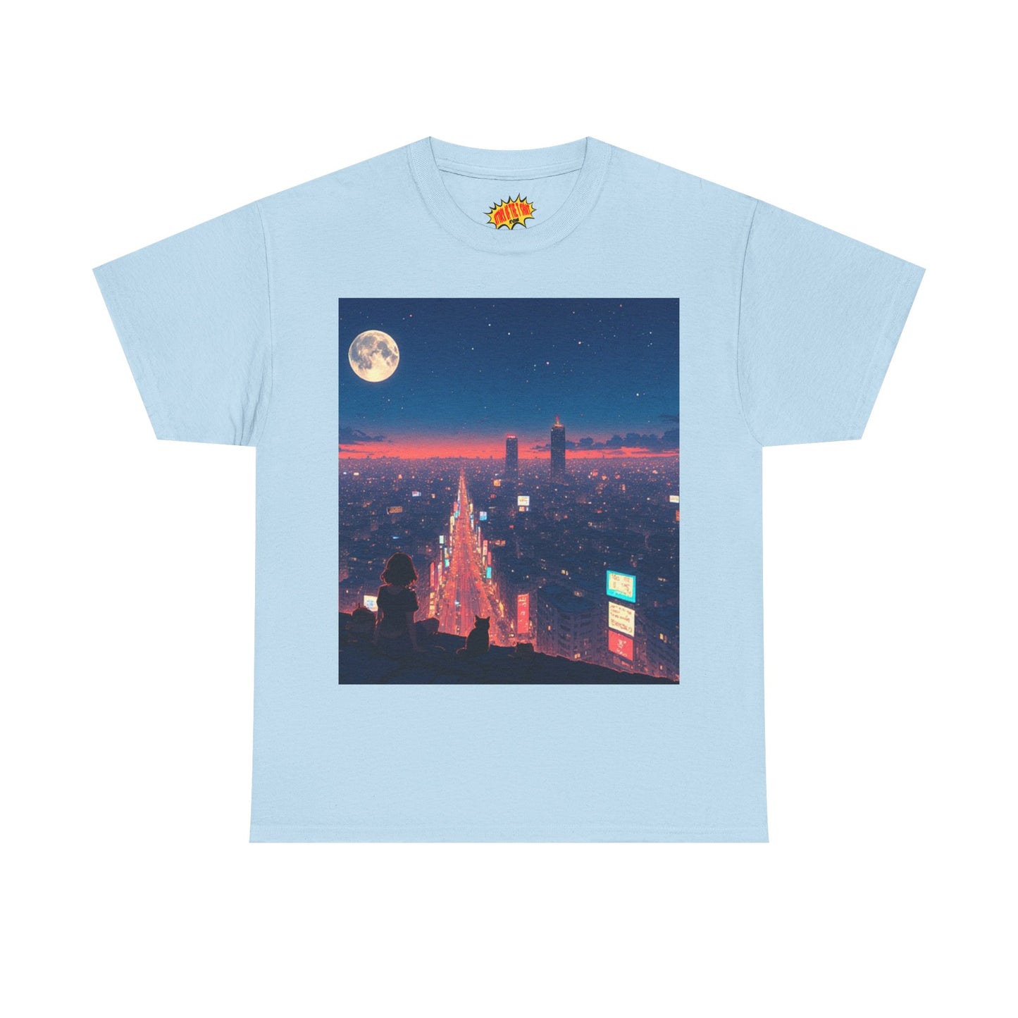 Anime Neon City Night Scene w/Girl & Cats T-Shirt *Multiple Colors*