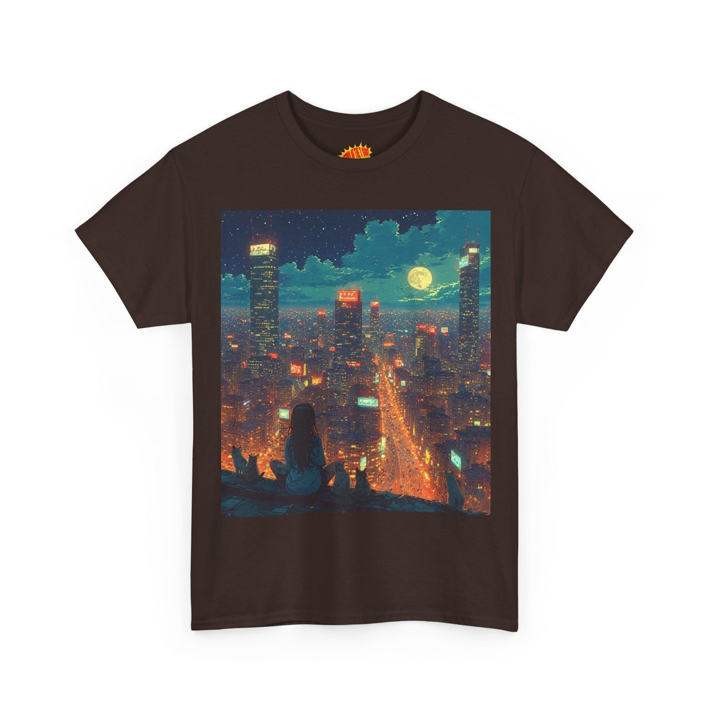 Nighttime Neon Anime Cityscape w/Girl & Cats T-Shirt *Multiple Colors*