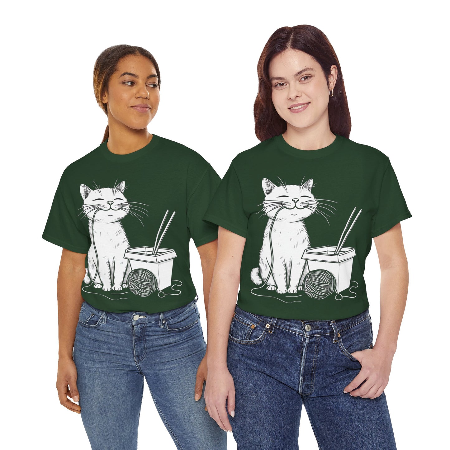 Happy Cat w/Noodles + Yarn Ball Art Drawing Tee Shirt *Multiple Colors*