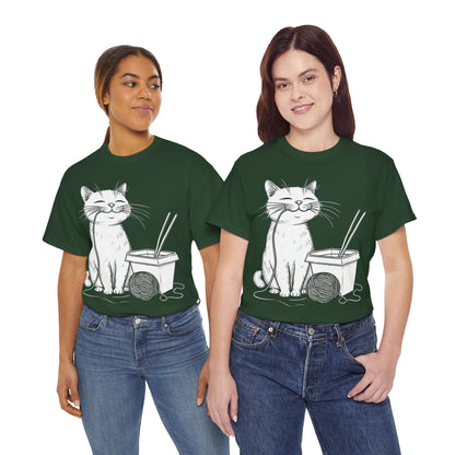 Happy Cat w/Noodles + Yarn Ball Art Drawing Tee Shirt