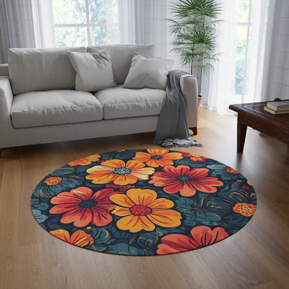 Retro Flower Pattern 60's/70's Style Area Rug - 60in Diameter Round Rug 6