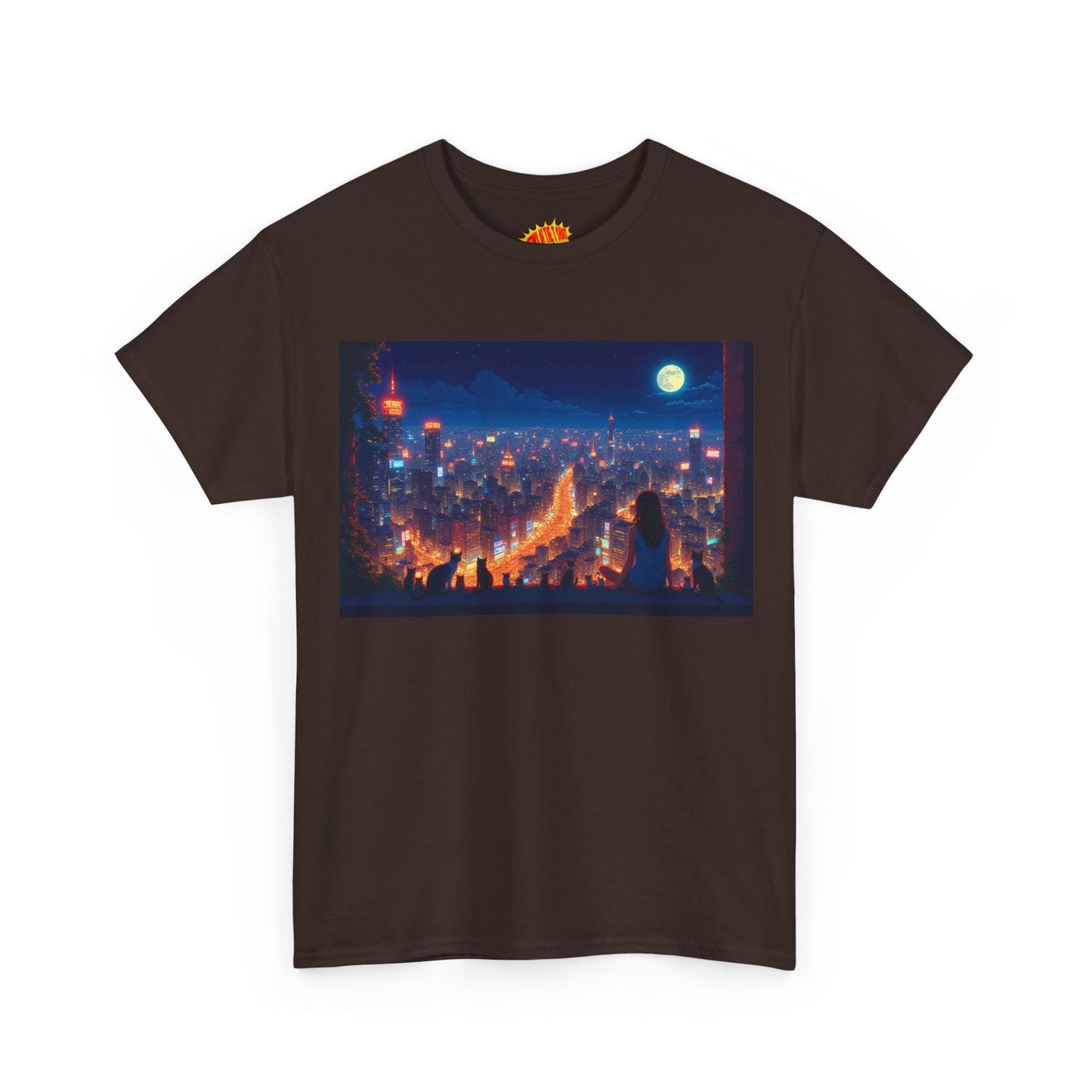 Anime City Night Scene w/Girl & Cats T-Shirt *Multiple Colors*