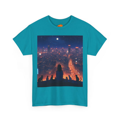 Neon City Anime Nighttime Scene w/Girl & Cats T-Shirt