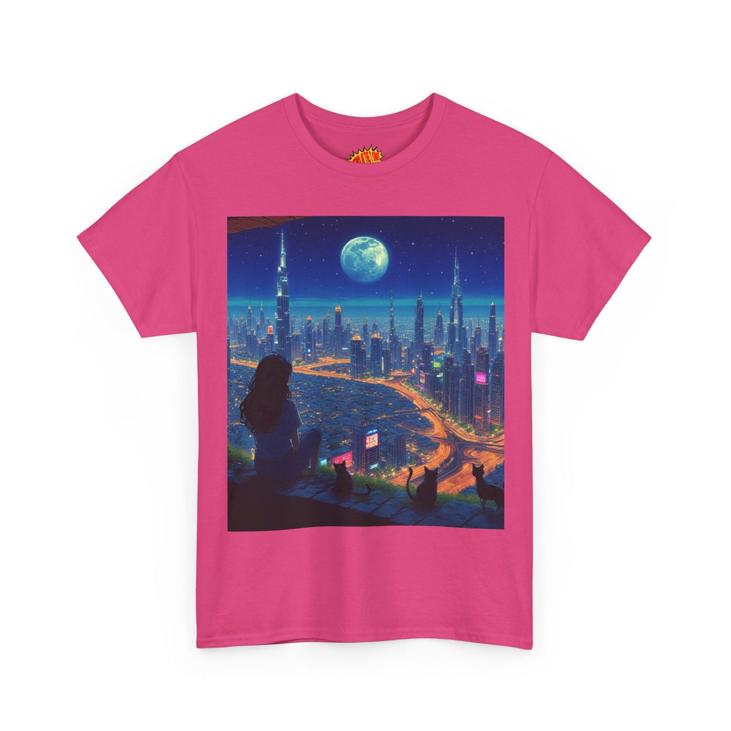Anime City Full Moon Scene w/Girl & Cats T-Shirt *Multiple Colors*