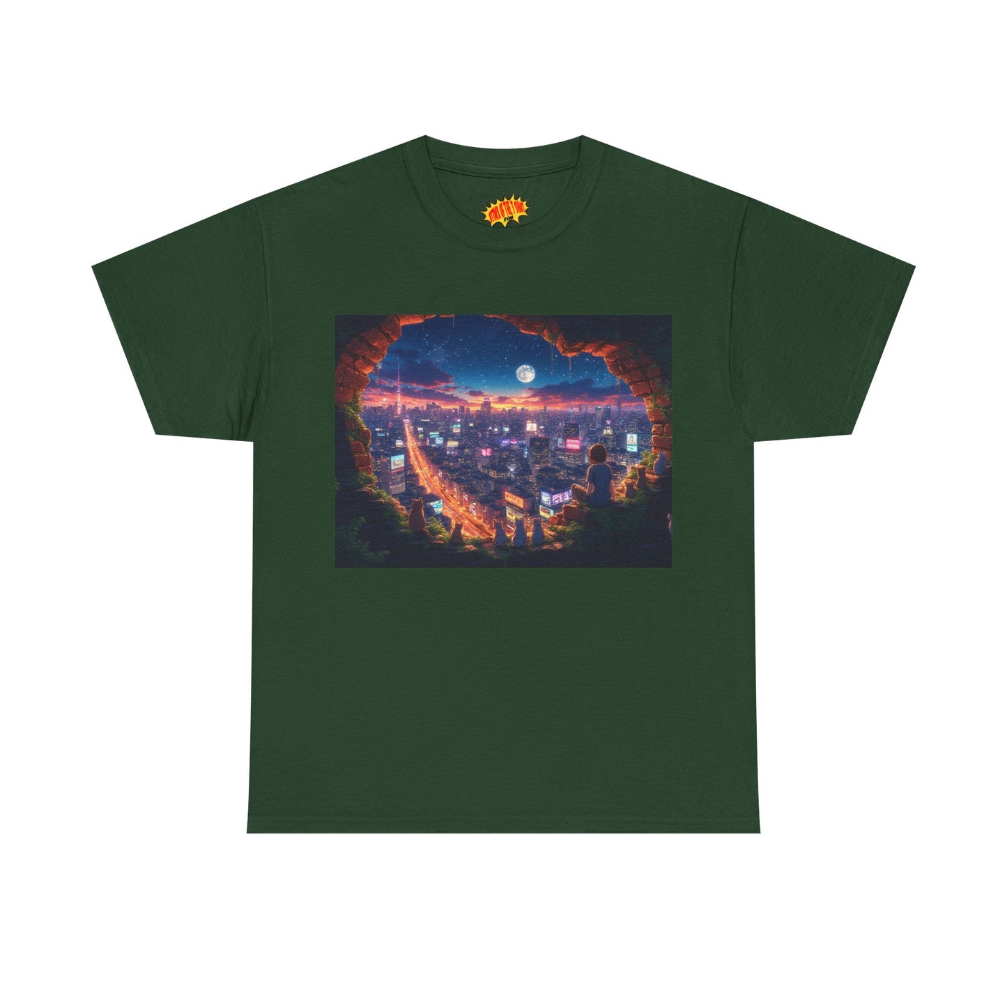 Anime Neon City Nighttime Scene w/Girl & Cats T-Shirt *Multiple Colors*