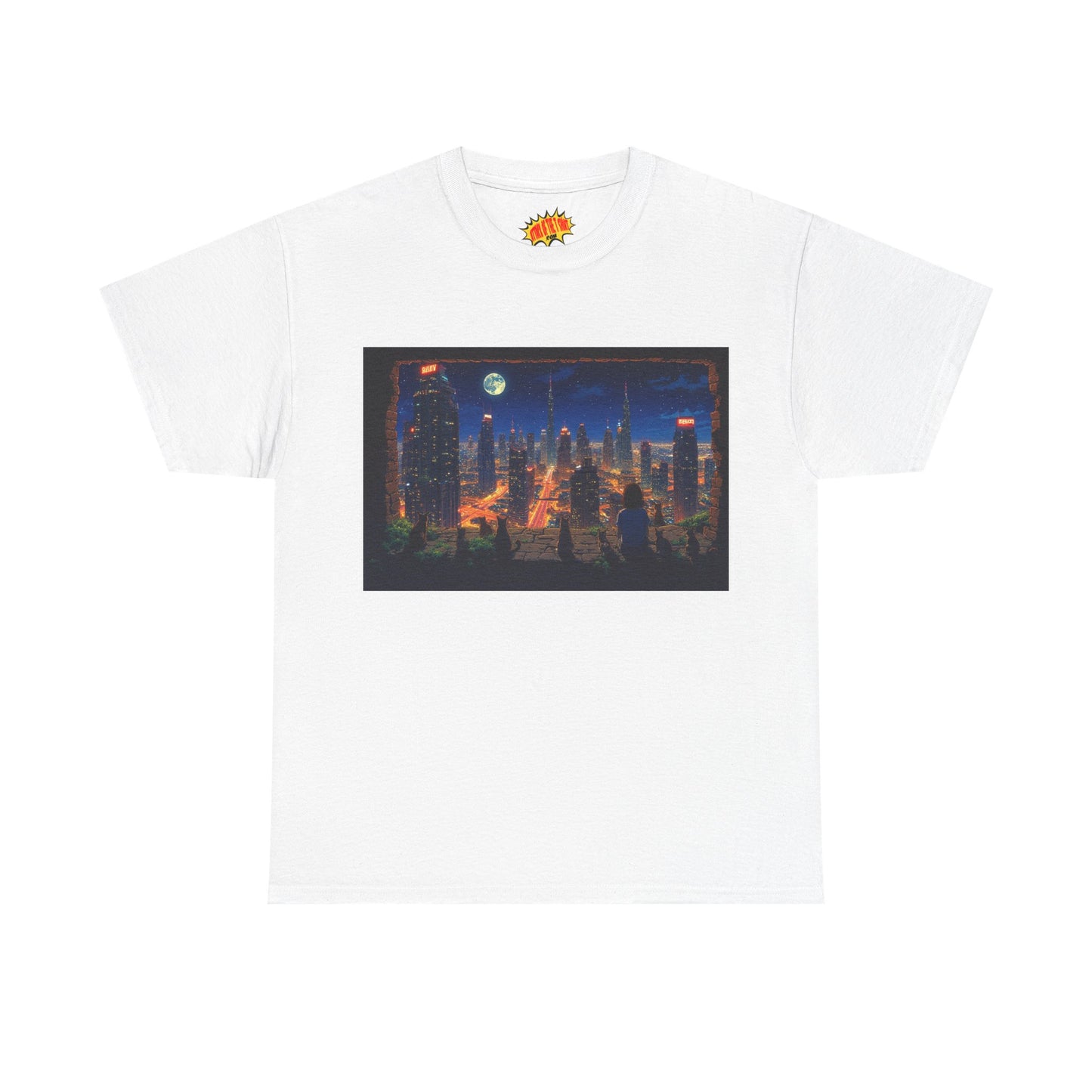Neon Anime Cityscape Full Moon w/Girl & Cats T-Shirt *Multiple Colors*