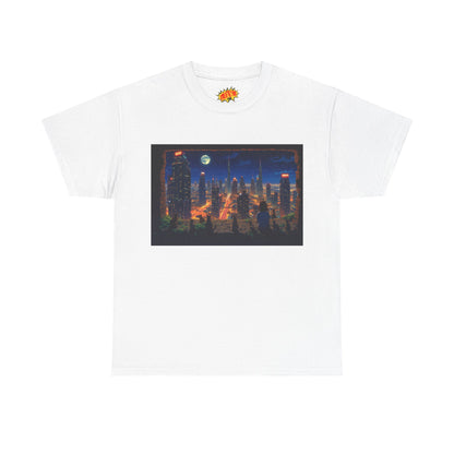 Neon Anime Cityscape Full Moon w/Girl & Cats T-Shirt