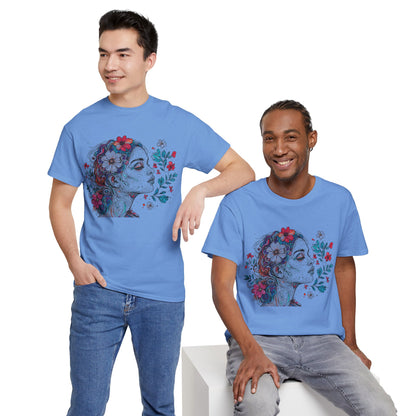 Multicolor Line Drawing Human Graphic Flower Art Tee Shirt
