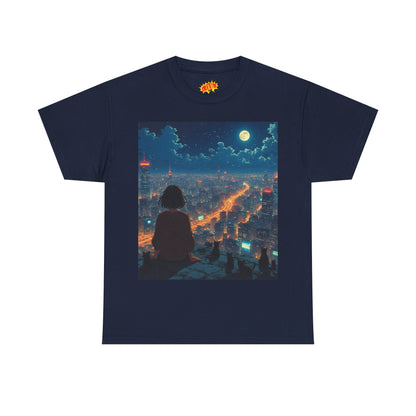 Neon City Anime Night Scene w/Girl & Cats T-Shirt