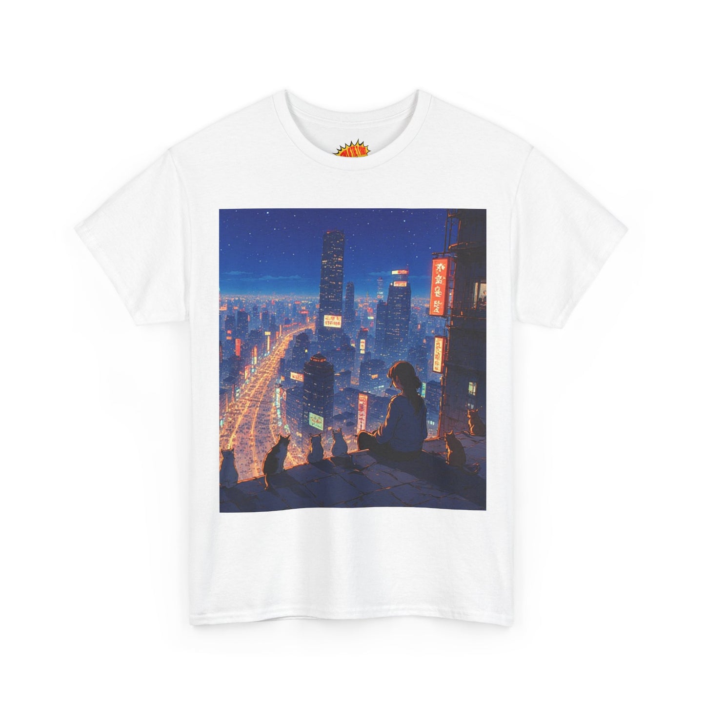 Neon Anime City Night Scene w/Girl & Cats T-Shirt *Multiple Colors*