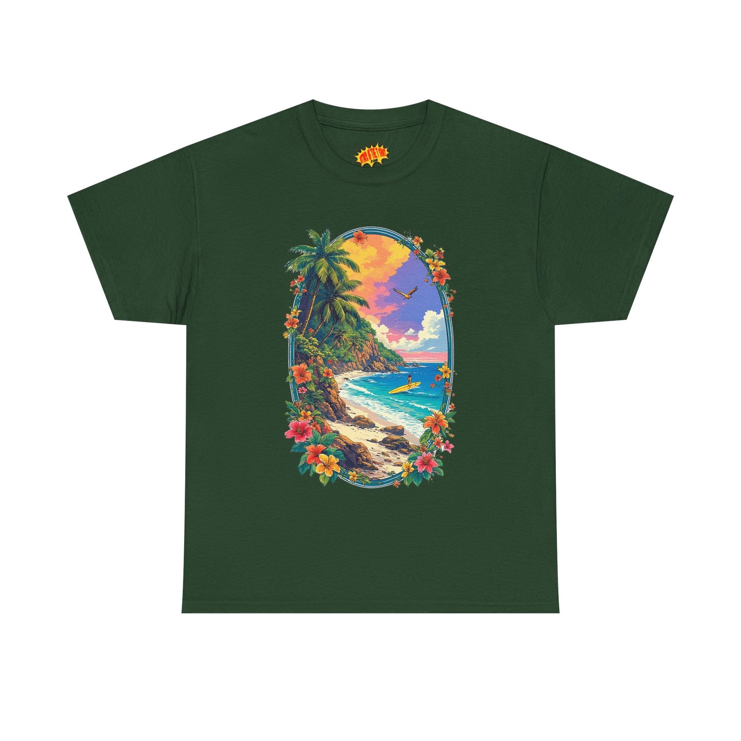 Tropical Beach Scene w/Oval Floral Frame T-Shirt *Multiple Colors*