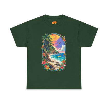 Tropical Beach Scene w/Oval Floral Frame T-Shirt