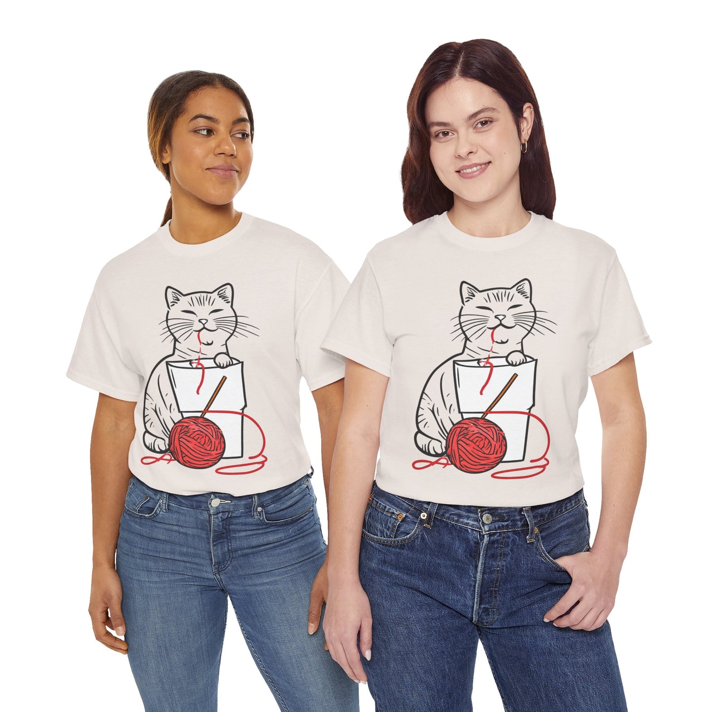 Cat w/Noodle Cup + Yarn Ball Art Drawing Tee Shirt *Multiple Colors*