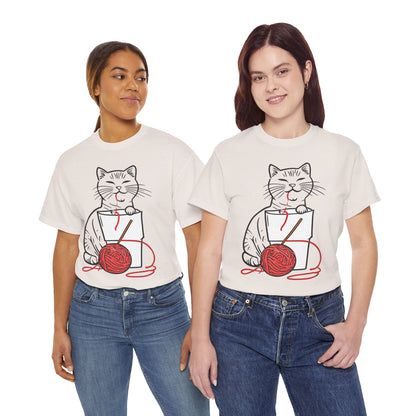 Cat w/Noodle Cup + Yarn Ball Art Drawing Tee Shirt