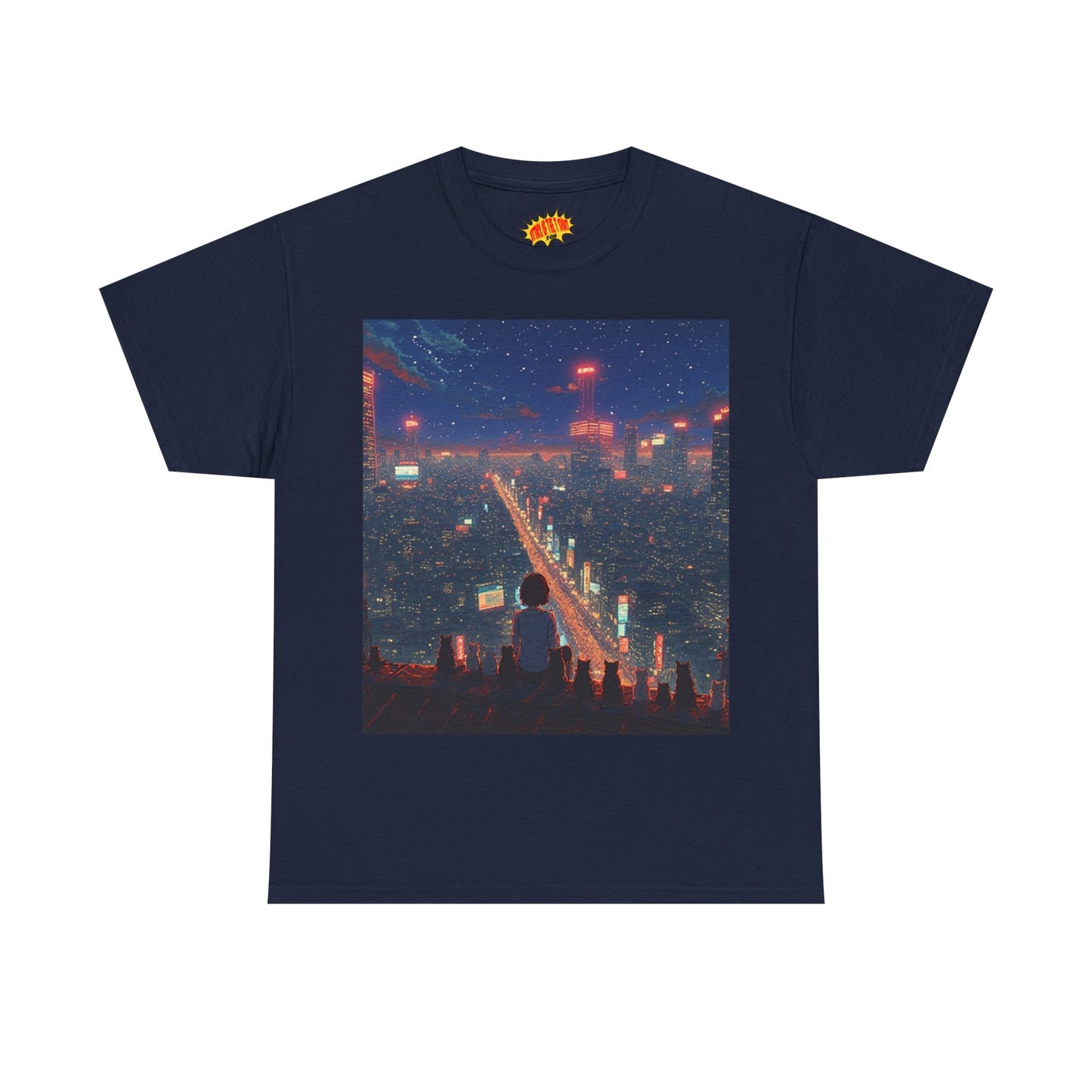 Nighttime Neon Anime City Scene w/Girl & Cats T-Shirt *Multiple Colors*