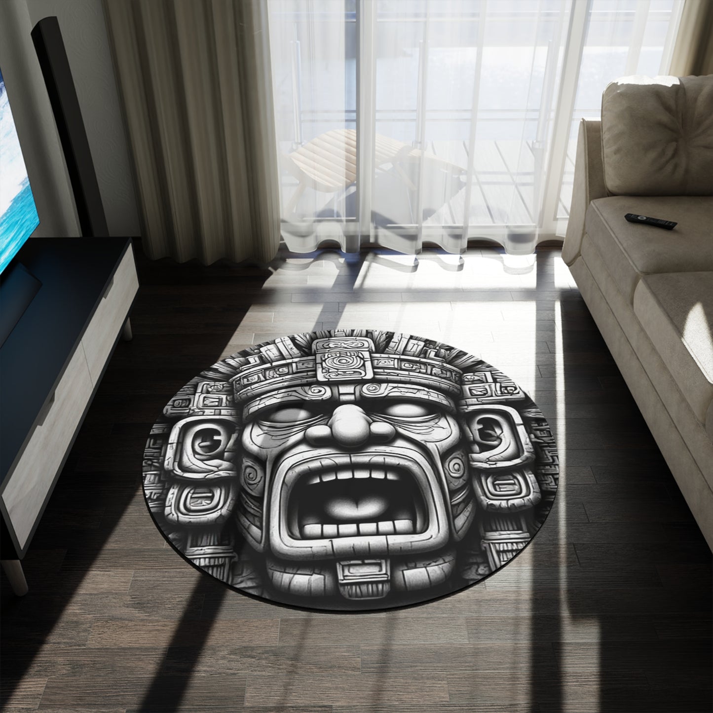 Aztec/Mayan Style Face Area Rug - 60in Diameter Round Rug