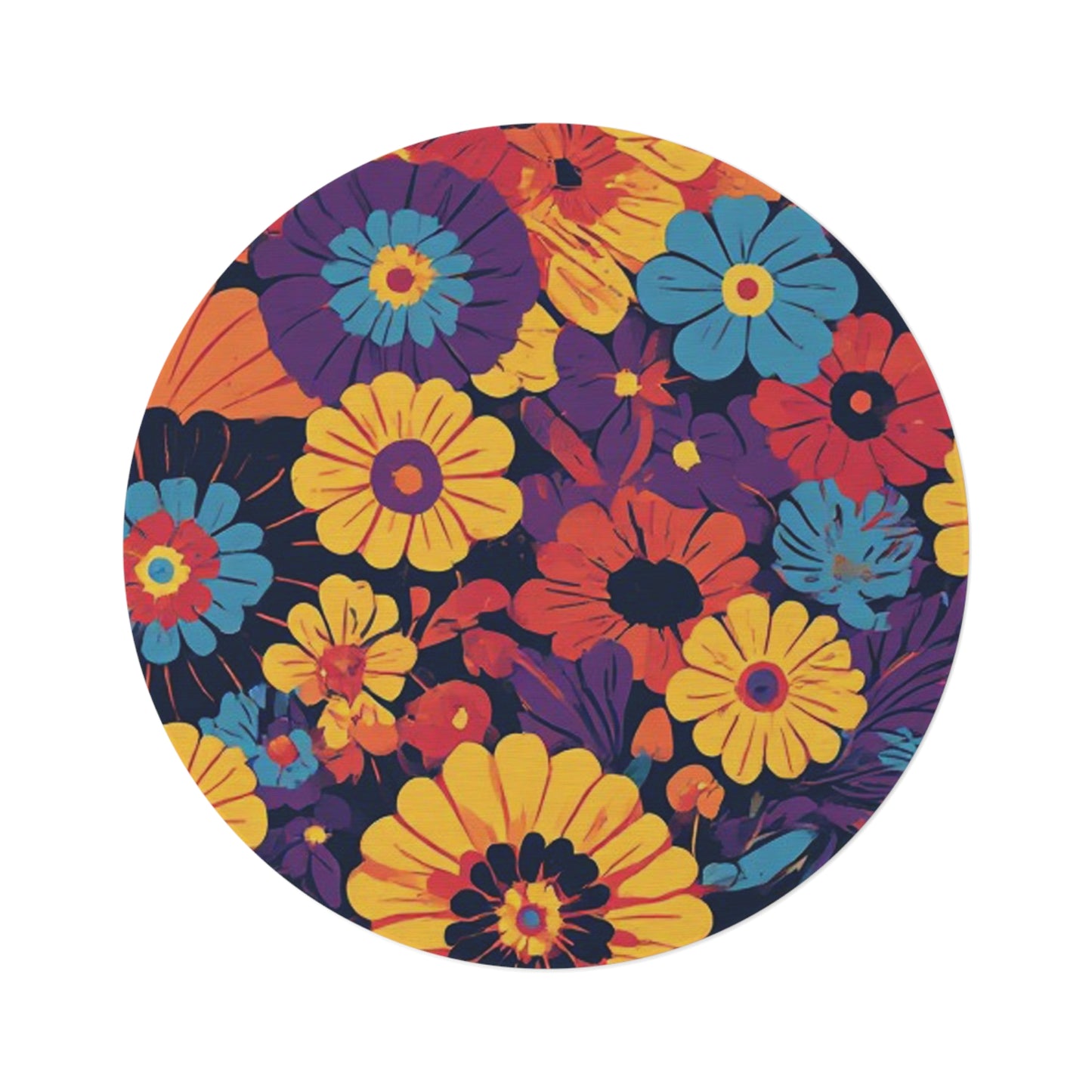 Retro Flower Pattern 60's/70's Style Area Rug - 60in Diameter Round Rug