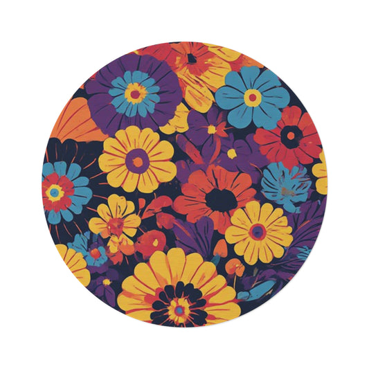 Retro Flower Pattern 60's/70's Style Area Rug - 60in Diameter Round Rug