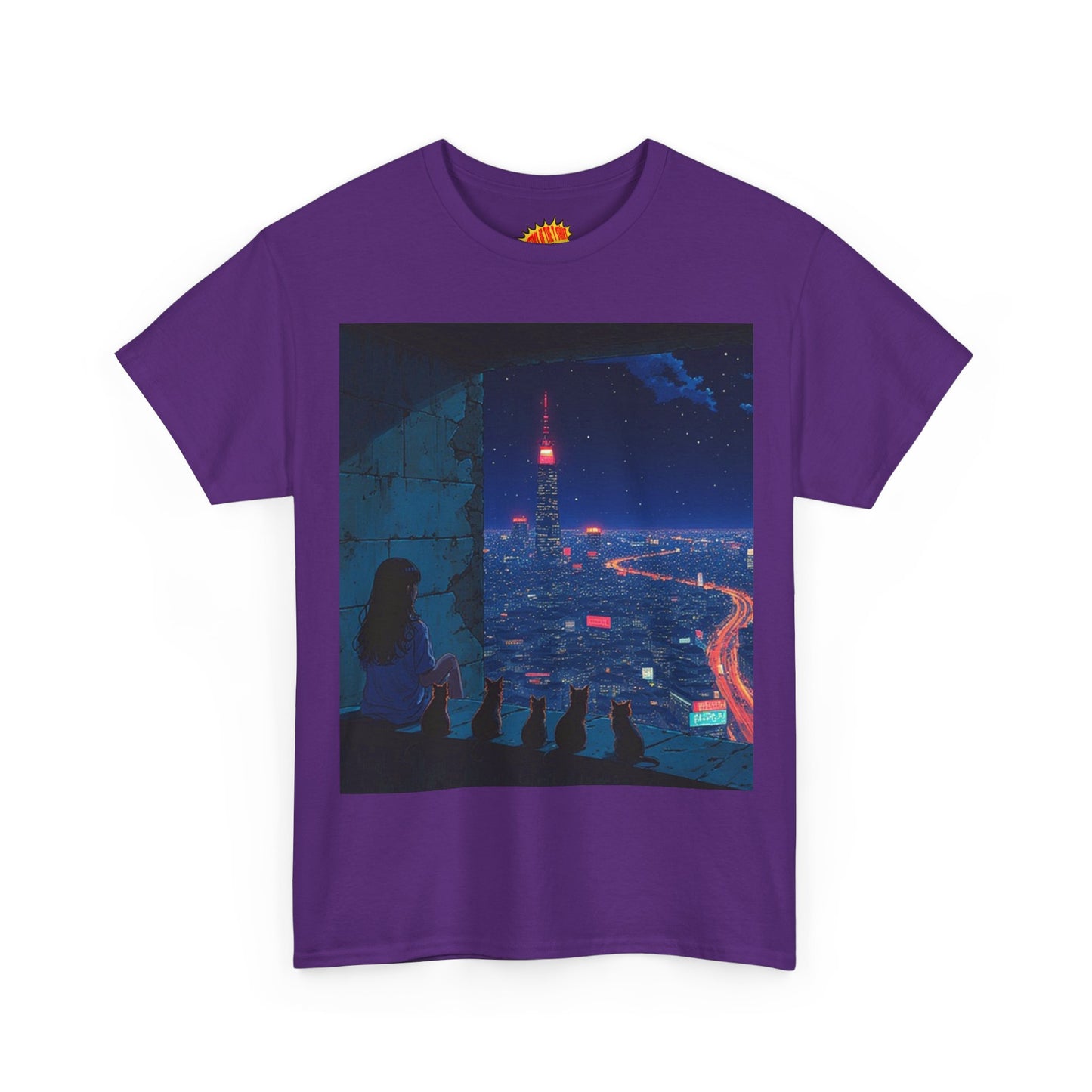 Anime Cityscape Night Scene w/Girl & Cats T-Shirt *Multiple Colors*