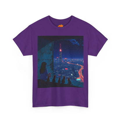 Anime Cityscape Night Scene w/Girl & Cats T-Shirt