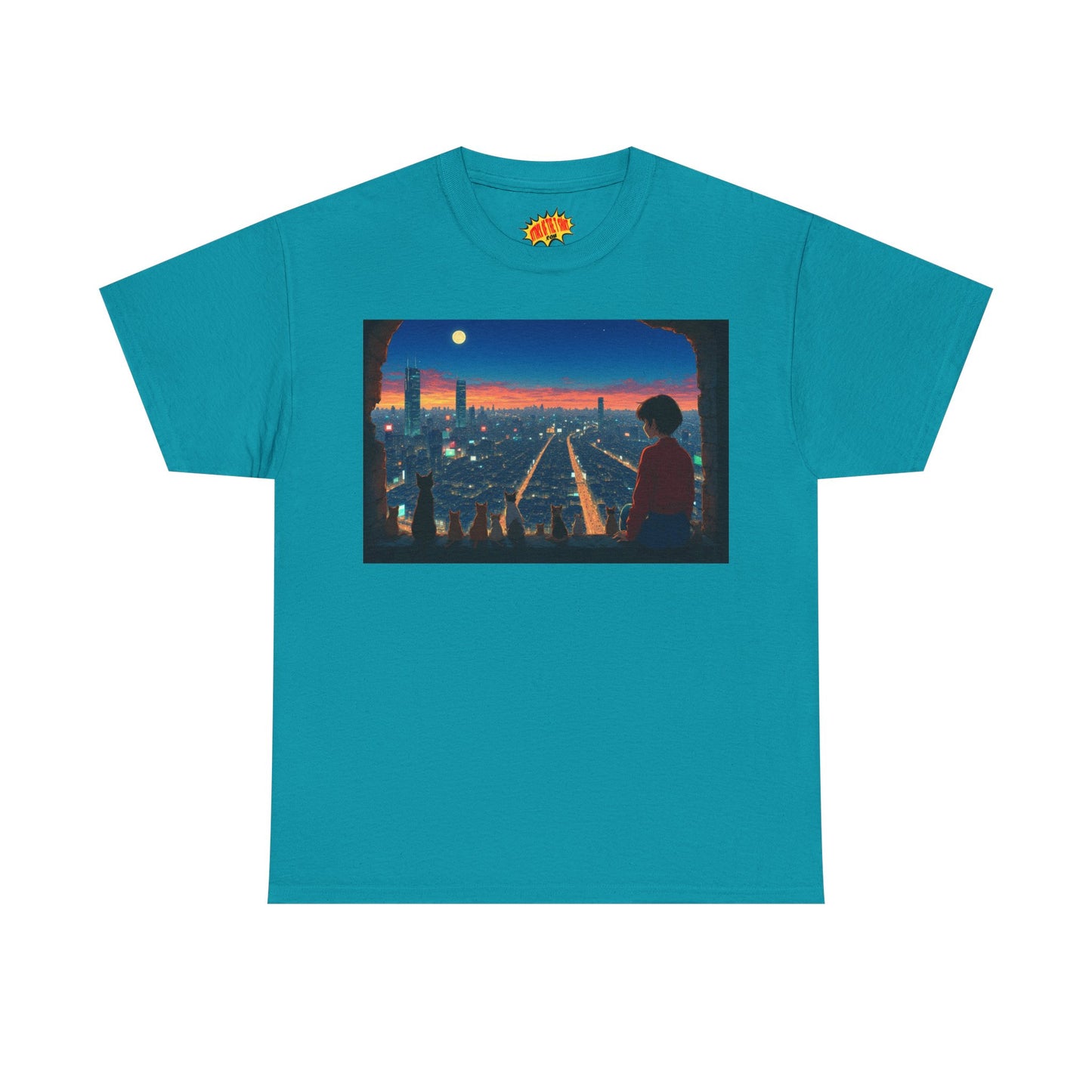 Neon Cityscape Anime Scene w/Girl & Cats T-Shirt *Multiple Colors*