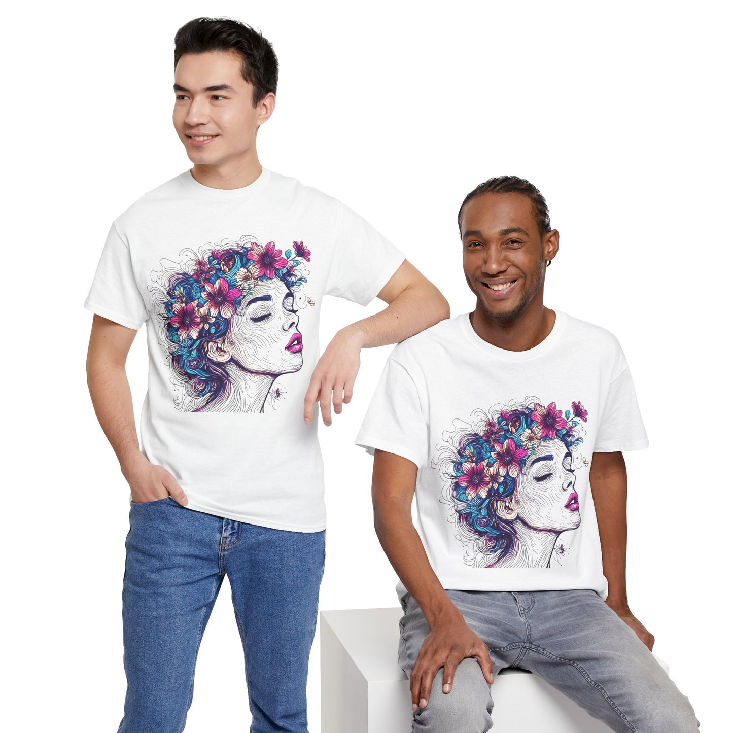 Multicolor Line Drawing Human Flower Graphic Art Tee Shirt *Multiple Colors*