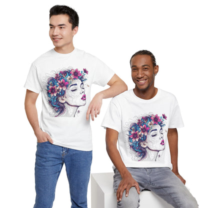 Multicolor Line Drawing Human Flower Graphic Art Tee Shirt