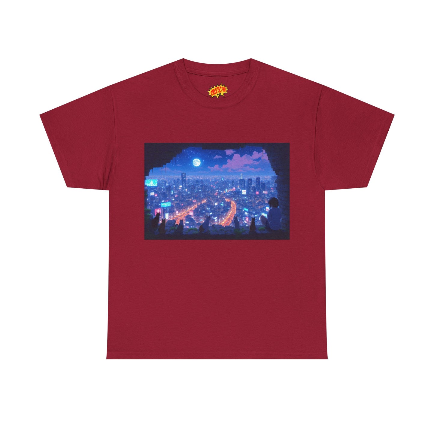Anime Neon Cityscape Night Scene w/Girl & Cats T-Shirt *Multiple Colors*