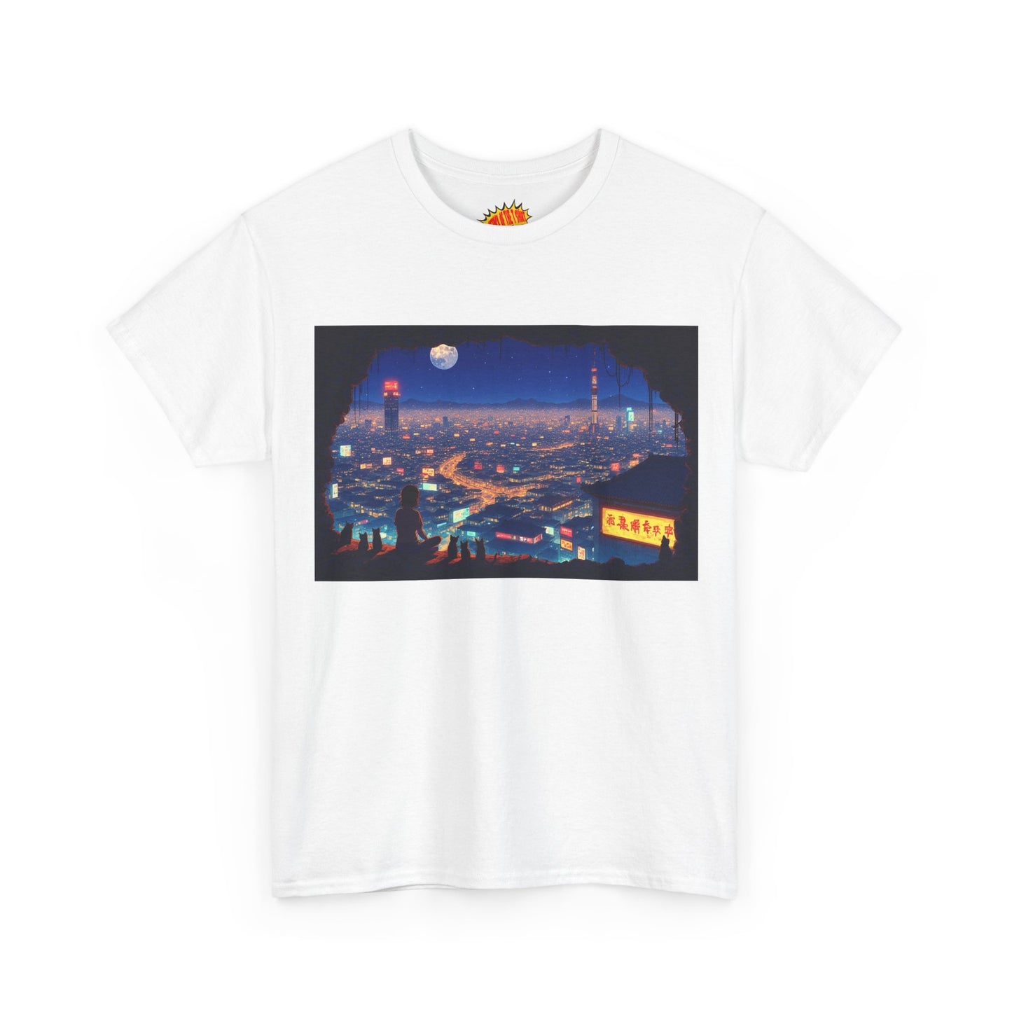 Anime Neon Cityscape Scene w/Girl & Cats T-Shirt *Multiple Colors*