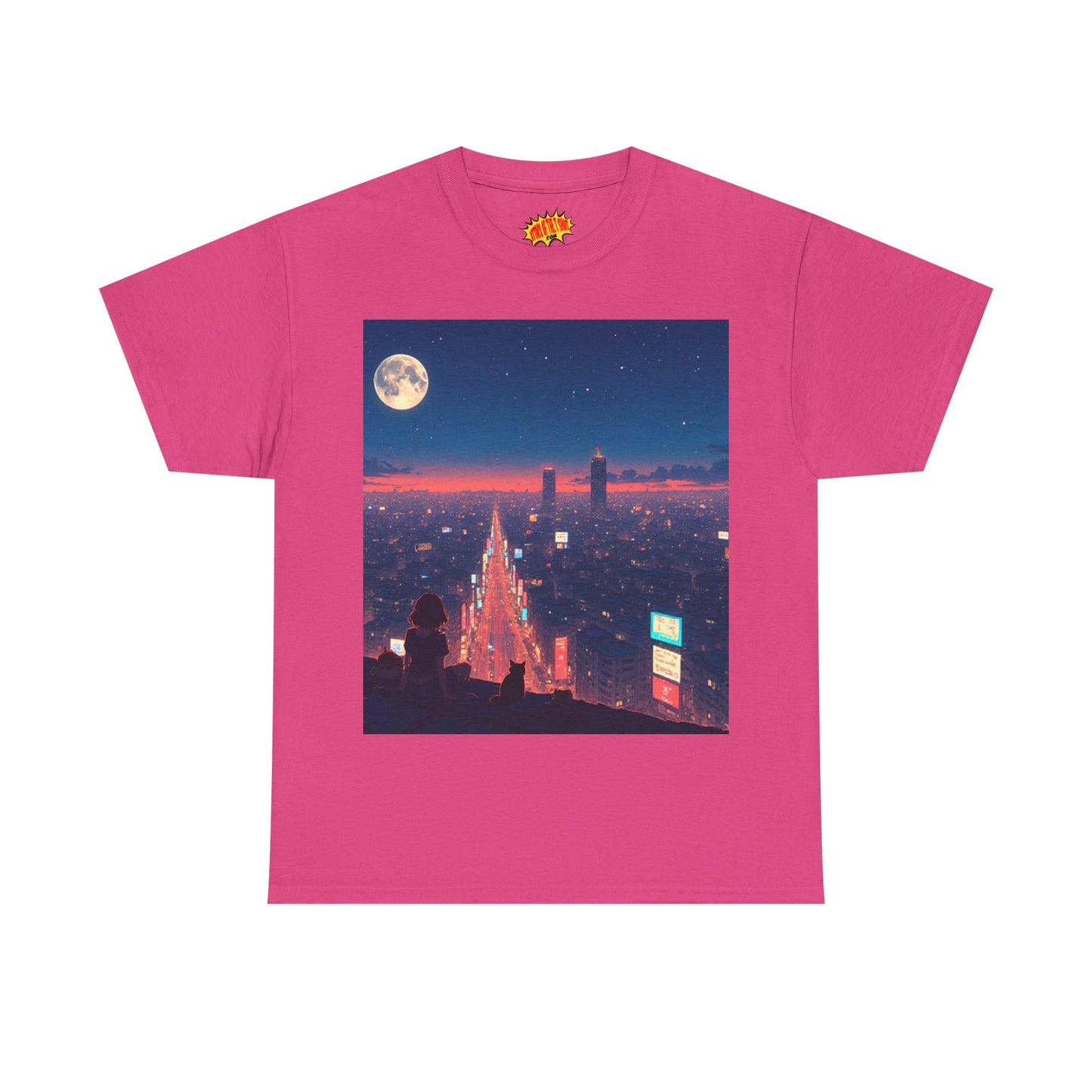 Anime Neon City Night Scene w/Girl & Cats T-Shirt *Multiple Colors*
