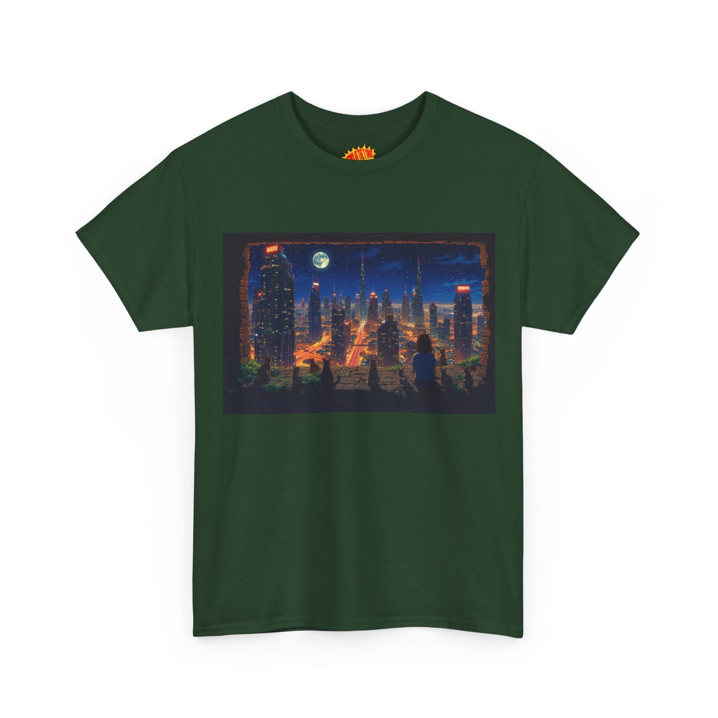 Neon Anime Cityscape Full Moon w/Girl & Cats T-Shirt *Multiple Colors*
